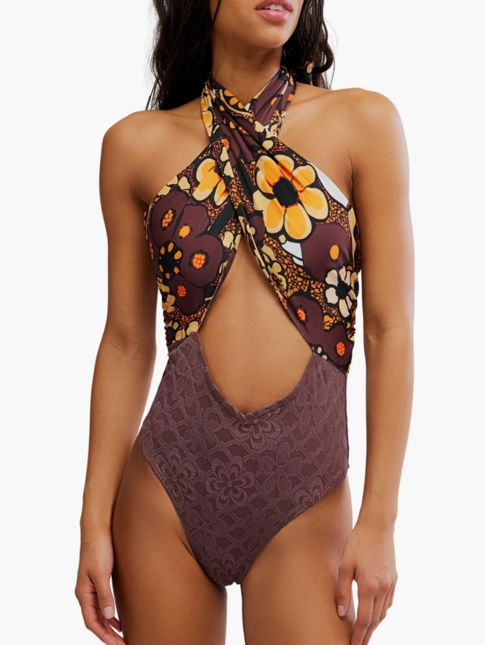 Free People Miley Convertible One Piece Bathing Suit Swimsuit Golden XL